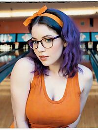 A tall muscular woman with big tits stands alone in the dimly lit bowling alley