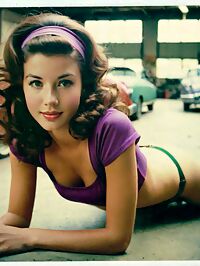 Lady emerges in the dimly lit auto repair shop 1950s era style surrounding her slender frame